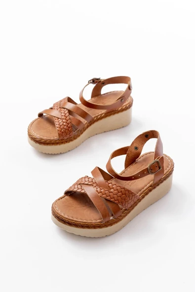 730-138 Taba Örgü Hakiki Deri Ortopedik Taban Kadın Sandalet - 4