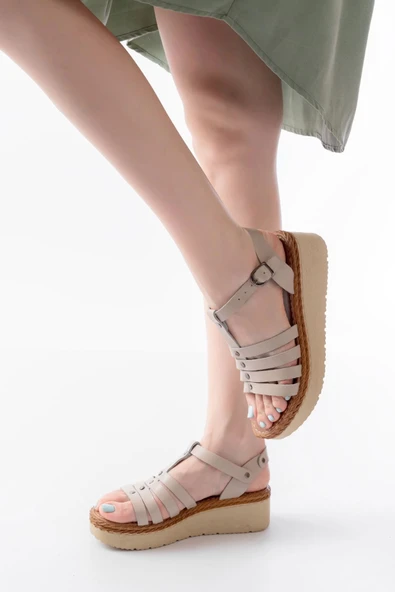 730-142 Bej Hakiki Deri Ortopedik Taban Kadın Sandalet - 2