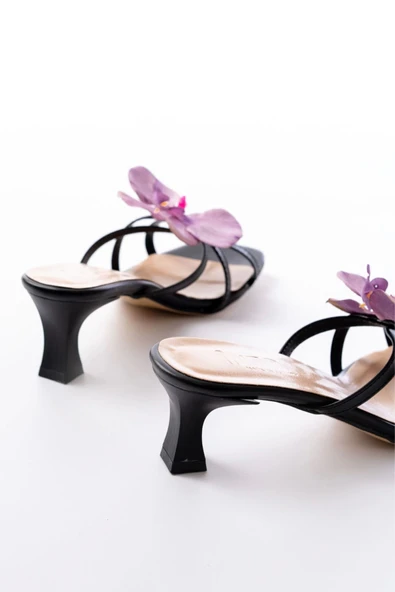 S-622 Siyah Mor Orkide Detaylı İnce Topuklu Kadın Terlik - Resim 5