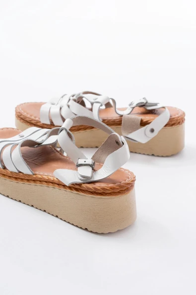 730-142 Beyaz Hakiki Deri Ortopedik Taban Kadın Sandalet - Resim 5