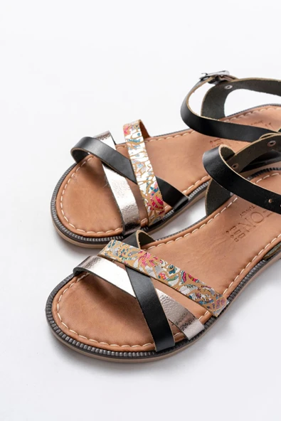 205-015 Siyah Garni Ortopedik Hakiki Deri  Kadın Sandalet - Resim 4