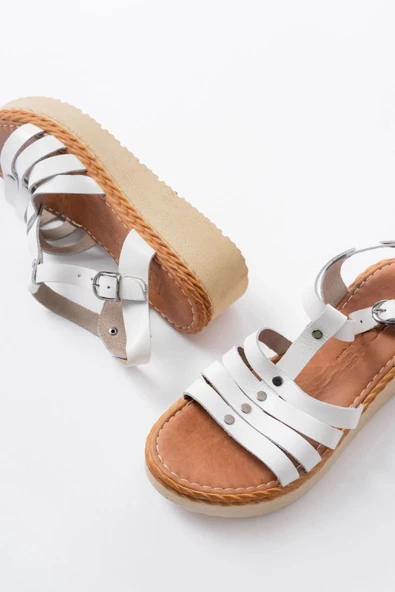 730-142 Beyaz Hakiki Deri Ortopedik Taban Kadın Sandalet - Resim 4