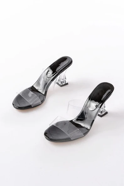 S-618 Siyah Rugan Çift  Bantlı Topuklu Kadın Terlik - Resim 3