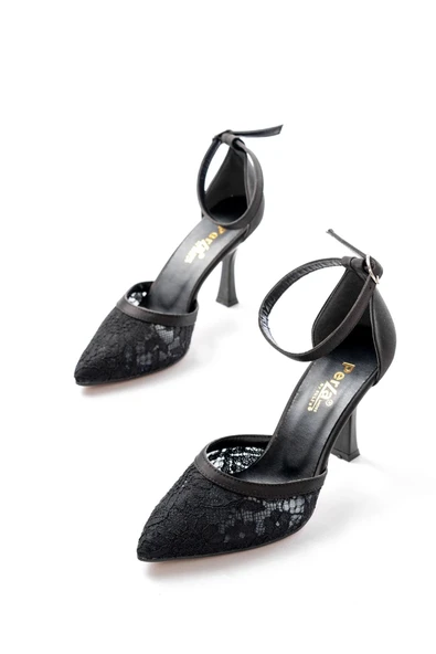 K-404 Siyah Fileli Çiçek Detaylı  Kadın Topuklu Ayakkabı - Resim 3