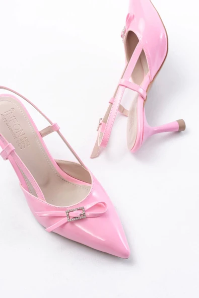 İnf-2300 Pembe Rugan Günlük Arkası Açık Fiyonklu Topuklu Bayan Ayakkabı - Resim 4
