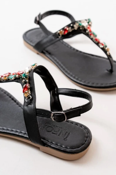 152-1110 Siyah Multi Taşlı Parmak Arası Kadın Sandalet - Resim 4