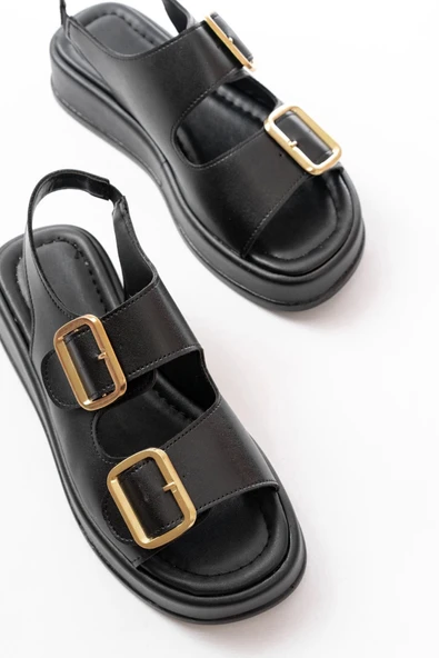 1187 Siyah Dolgu Topuk Lastik Baretli  Kadın Sandalet - Resim 4