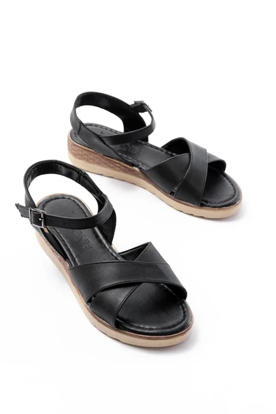 692-564 Siyah Ortopedik Taban Çapraz Tokalı Kadın Sandalet - Resim 3