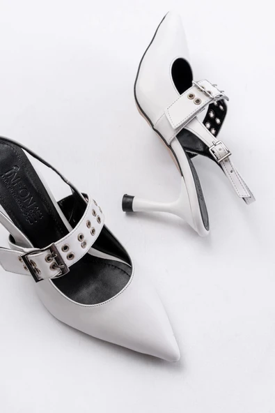 İnf-260 Beyaz Günlük Arkası Açık Baret Tokalı Topuklu Bayan Ayakkabı - Resim 5