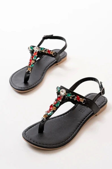 152-1110 Siyah Multi Taşlı Parmak Arası Kadın Sandalet - Resim 5
