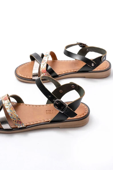 205-015 Siyah Garni Ortopedik Hakiki Deri  Kadın Sandalet - Resim 5