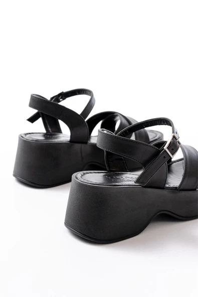 24414-1005 Siyah Günlük Çapraz Dolgu Topuk Kadın Sandalet - 5