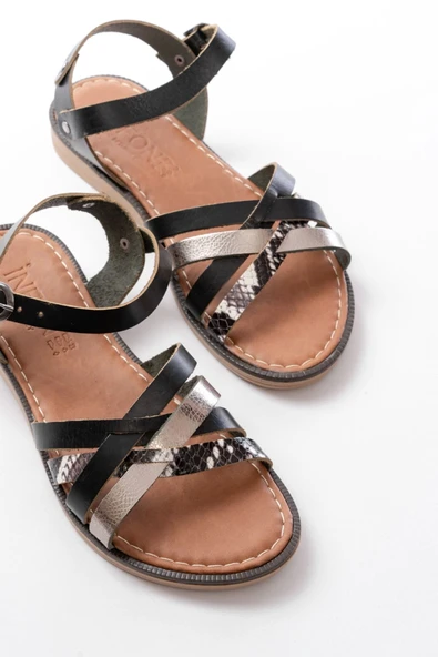 205-093 Siyah Garni Hakiki Deri Ortopedik Taban Kadın Sandalet - Resim 4