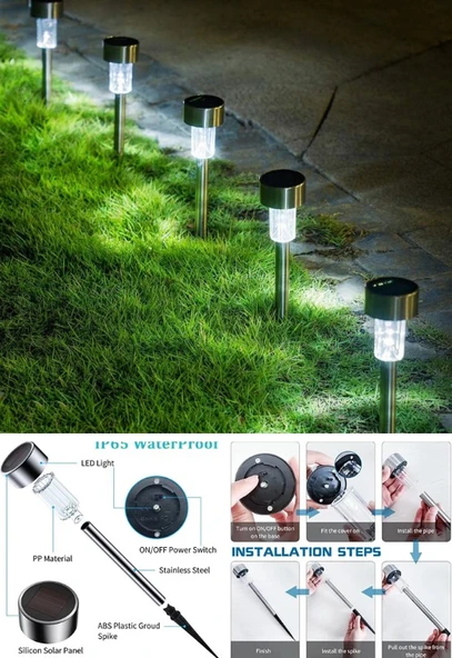 4 Adet Metal Gövdeli Beyaz Ledli Solar Güneş Enerjili Bahçe Lambası 30 cm Saplama - 4