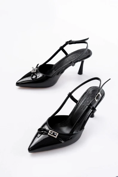 İnf-2300 Siyah Rugan Günlük Arkası Açık Fiyonklu Topuklu Bayan Ayakkabı - Resim 3