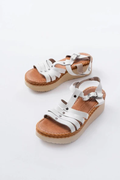 730-142 Beyaz Hakiki Deri Ortopedik Taban Kadın Sandalet - Resim 3