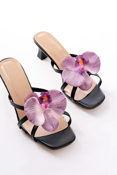S-622 Siyah Mor Orkide Detaylı İnce Topuklu Kadın Terlik - Resim 4
