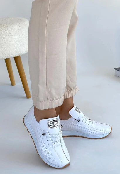 Fiert Beyaz Cilt Bağcıklı Spor Ayakkabı - Resim 3