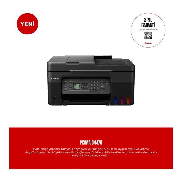 CANON PIXMA G4470 Çok Fonksyonlu Renkli Mürekkep Tanklı Yazıcı/ Fotokopi + Tarama + Faks/ Wifi/ Airprint (Canon Eurasia Garantili)