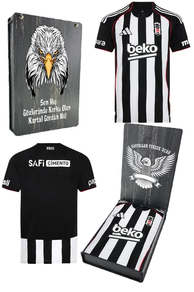 Beşiktaş Orijinal 25/26 Siyah Beyaz Çubuklu Forma Bjk Kartal Baskılı Hediyelik Ahşap Kutulu ürün görseli 1