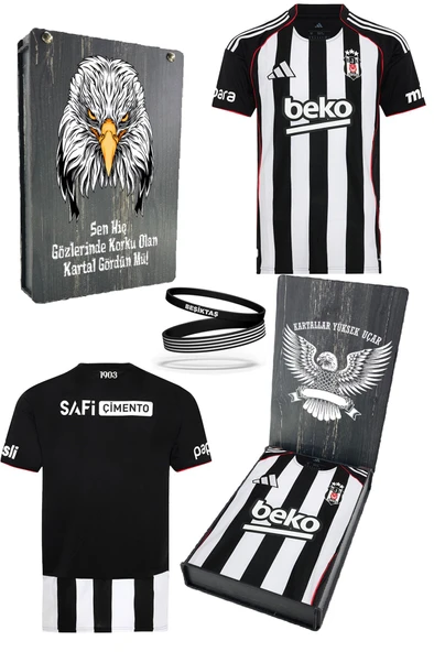 Beşiktaş Orijinal 25/26 Siyah Beyaz Çubuklu Forma Bileklik Hediyeli Özel Tasarım Hediye Ahşap Kutulu