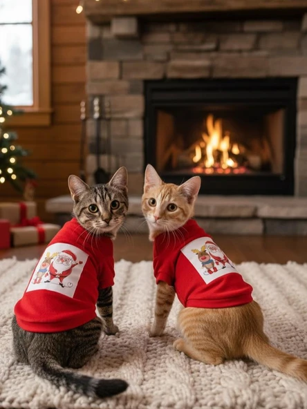 Noel Baba Ve Rudolph Kedi Tişörtü - Resim 6