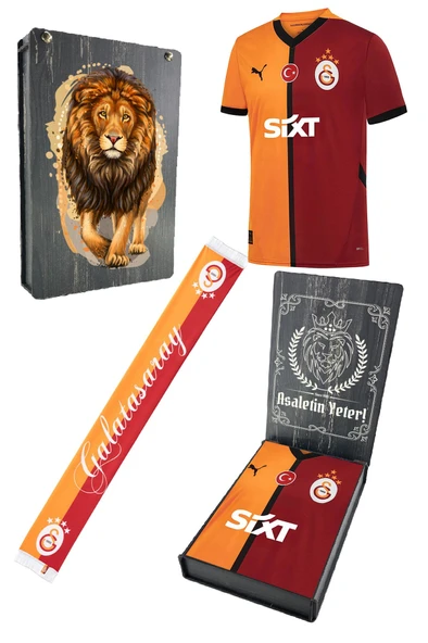 Galatasaray Orijinal 24/25 Parçalı 5 Yıldızlı Forma + Şal Kaşkol Set Aslan Baskılı Hediye Ahşap Kutu