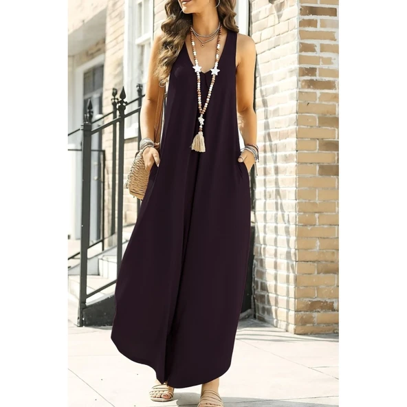 Lucky Life Kadın Askılı Yuvarlak Yaka Cepli Salaş Uzun Viskon Tulum