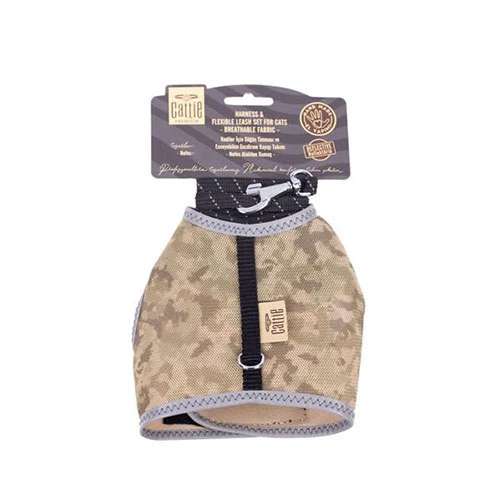 Cattie Havalı Dokuma Kedi Göğüs ve Gezdirme Tasması Medium Kamuflaj 1x25-35 Cm