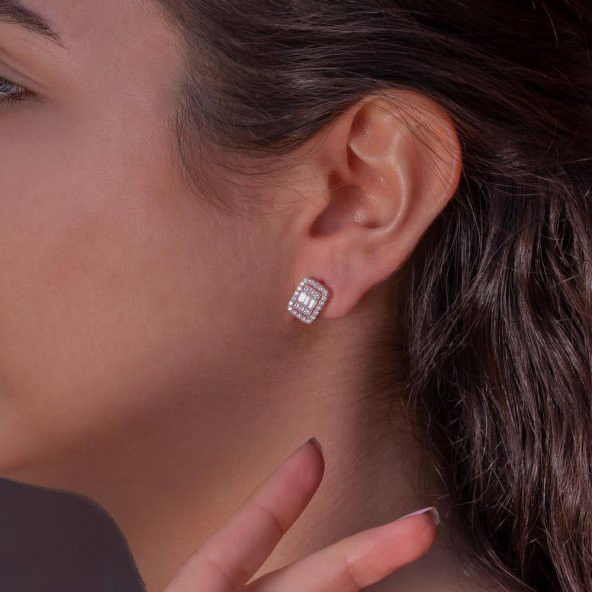 Baget Taşlı Rose Kaplama 925 Ayar Gümüş J Küpe - Resim 2