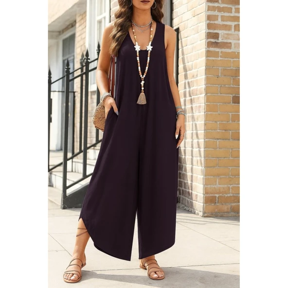 Lucky Life Kadın Askılı Yuvarlak Yaka Cepli Salaş Uzun Viskon Tulum - 2