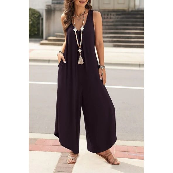 Lucky Life Kadın Askılı Yuvarlak Yaka Cepli Salaş Uzun Viskon Tulum - 8