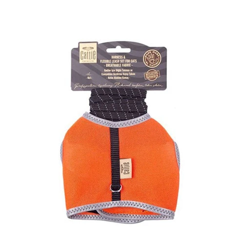 Cattie Havalı Dokuma Kedi Göğüs ve Gezdirme Tasması Medium Turuncu 1x25-35 Cm