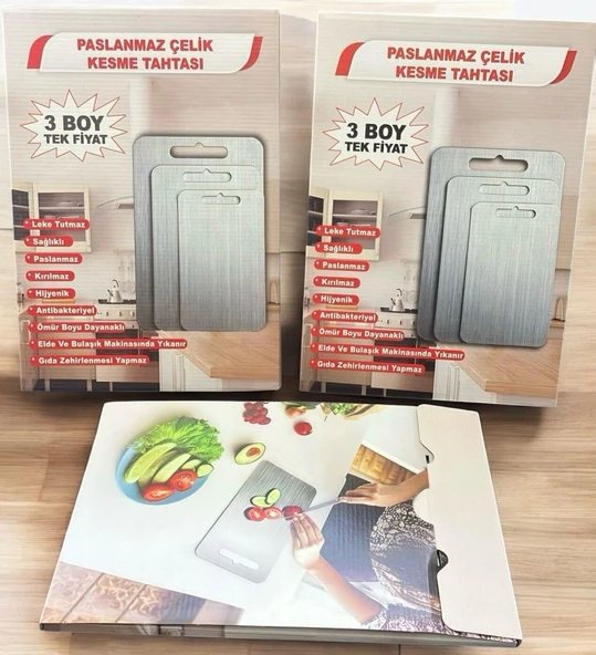 3'lü Paslanmaz Çelik Antibakteriyel Kesme Tahtası Setii