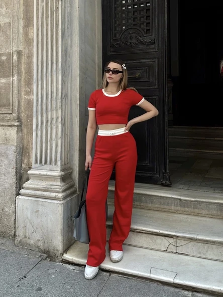 Crop pantolon biyeli takım kırmızı - 6