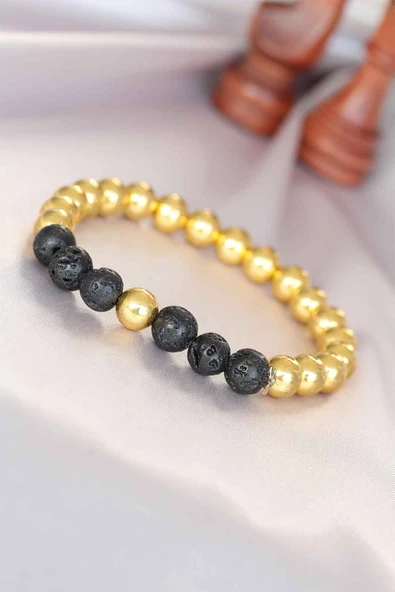 Lav Doğal Taş Detaylı Hematit Gold Renk Erkek Bileklik - TJ-EB3006