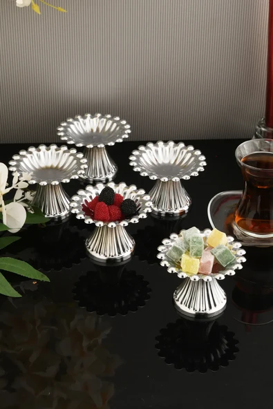 Lumoni Çizgi Ayaklı Boncuklu Lokumluk Gümüş 6 Lı Takım - 8