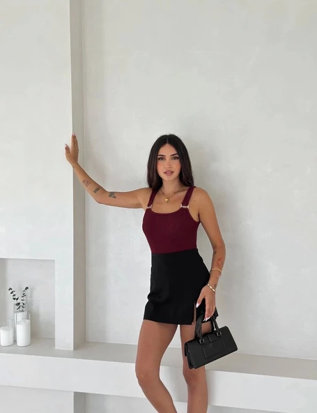 Ottoman toka askılı bluz bordo s4194 - 3