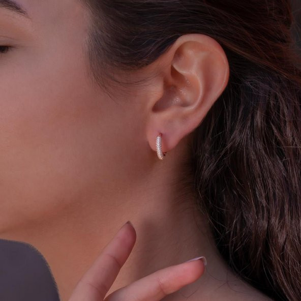 Beyaz Zirkon Taşlı Rose Kaplamalı 925 Ayar Gümüş Halka Küpe - Resim 2