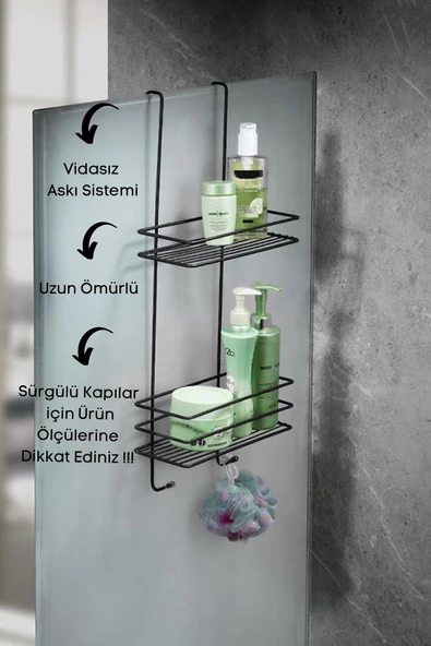 SAS Ömür Boyu Paslanmaz 2 Katlı Askılı Banyo Duş Rafı Sabunluk Şampuanlık Siyah - 4