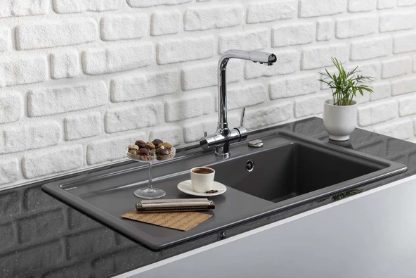 424165-Nuevo Crea 45 S Sağ Damlalıklı Siyah Seramik Eviye - Resim 2