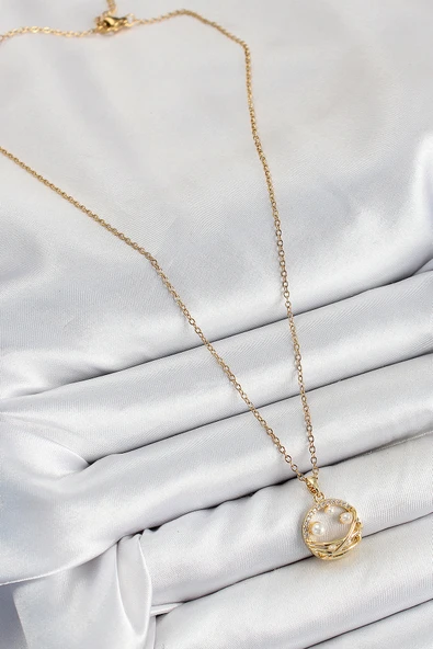 316L Çelik Zirkon Taşlı İnci Detaylı Halka Model Gold Renk Kadın Kolye - TJ-BKO10363 - 2