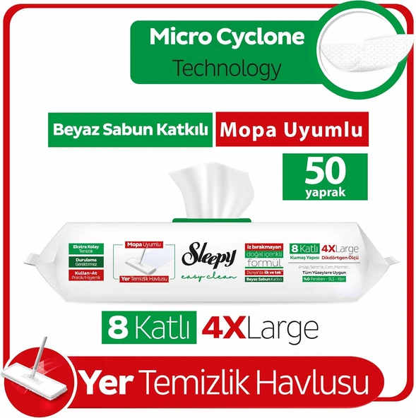 Sleepy Easy Clean Beyaz Sabun Katkılı Mopa Uyumlu Yer Temizlik Havlusu&Mendili 50 Yaprak - Resim 2