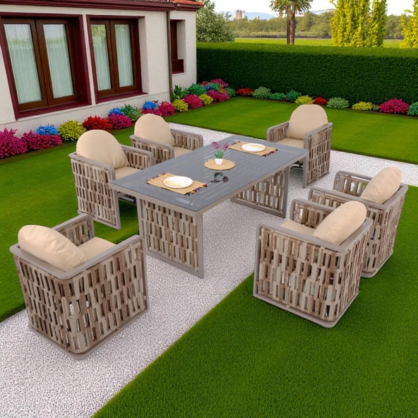 Talia | Rattan Bahçe Masa Takımı | 100X200 6 Kişilik Bahçe Mobilyası - Resim 2