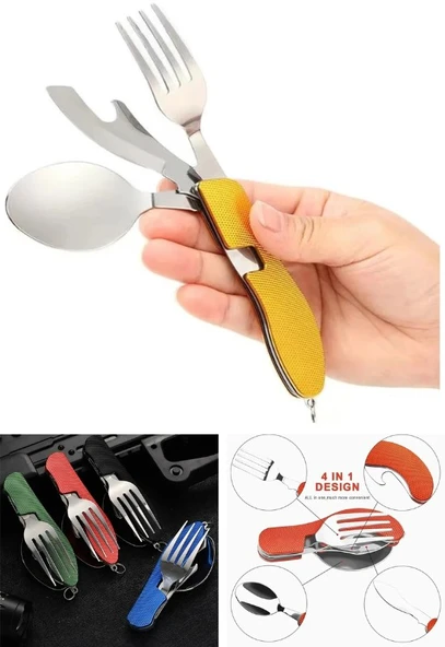  Katlanabilir Sofra Bıçak Kaşık Çatal 4in1 Yemek Kaşığı Paslanmaz Çelik Şişe Açacağı Taşınabilr Set  ürün görseli 1