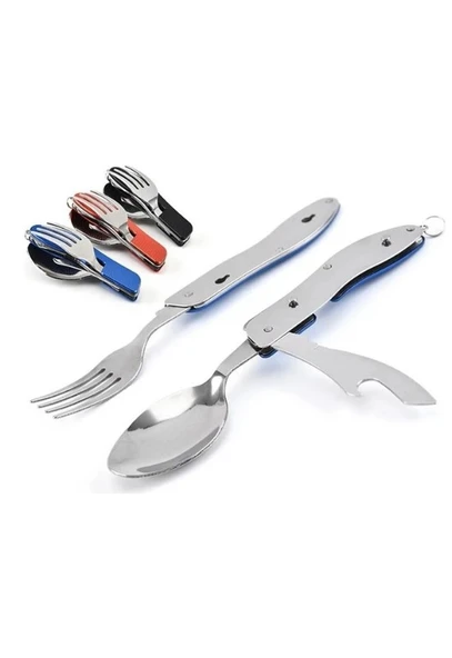  Katlanabilir Sofra Bıçak Kaşık Çatal 4in1 Yemek Kaşığı Paslanmaz Çelik Şişe Açacağı Taşınabilr Set  - Resim 7