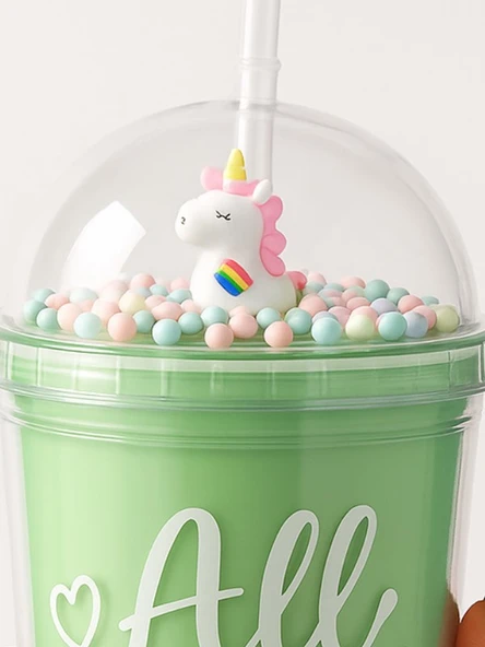 Coll Teen Temalı Çift Katman 450 ml Suluk Pipetli Mika Yeşil 2089 - 2