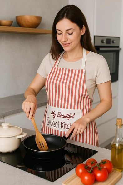 Çizgili Mutfak Önlüğü Cepli Baskılı Dayanıklı Kumaş Önlük ürün görseli