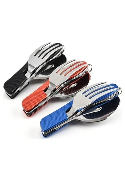  Katlanabilir Sofra Bıçak Kaşık Çatal 4in1 Yemek Kaşığı Paslanmaz Çelik Şişe Açacağı Taşınabilr Set  - Resim 6