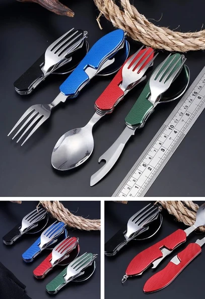  Katlanabilir Sofra Bıçak Kaşık Çatal 4in1 Yemek Kaşığı Paslanmaz Çelik Şişe Açacağı Taşınabilr Set  - Resim 3